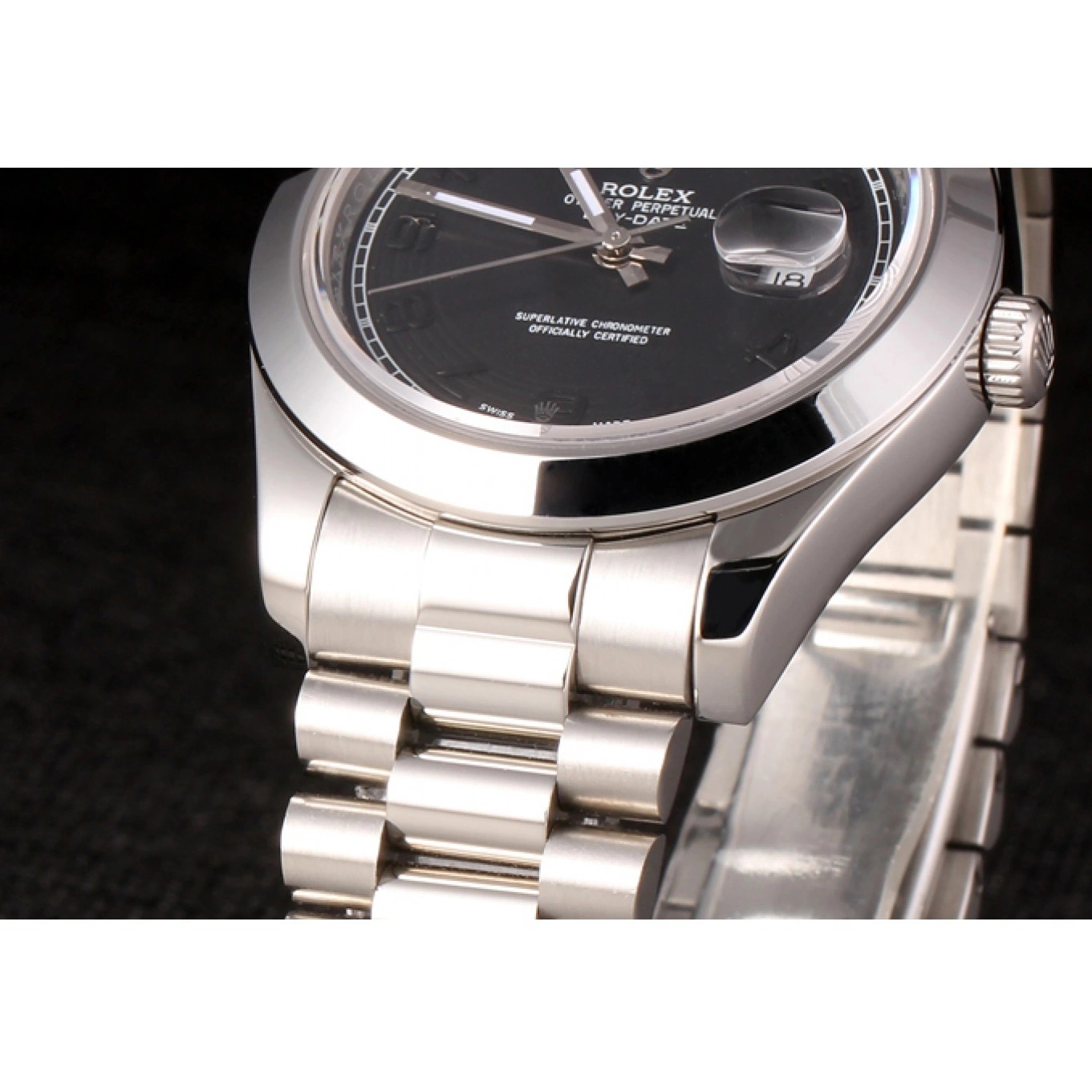 Good copy rolex watches Swiss Daydate Steel Dial Black 80294 Stainless Rolex Bracelet 1013